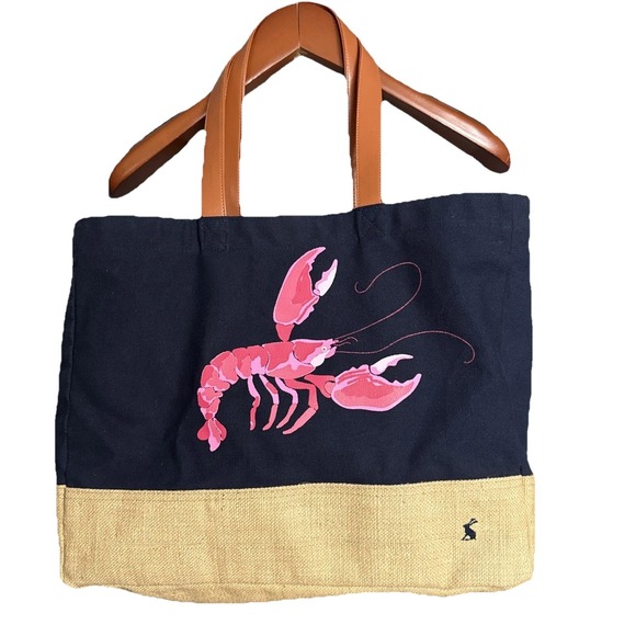 Joules Canvas Tote Bag Navy Blue With Pink Lobster Design Brown Leather Straps - Picture 1 of 13